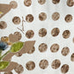 Close-up of fabric with a pattern of brown polka dots and green leaves, showcasing a unique all-over print. A signature is visible among the dots, hinting at the exclusivity of the INIMIGO ISH3528 HEART BIRDS SHIRT RAW by INIMIGO.