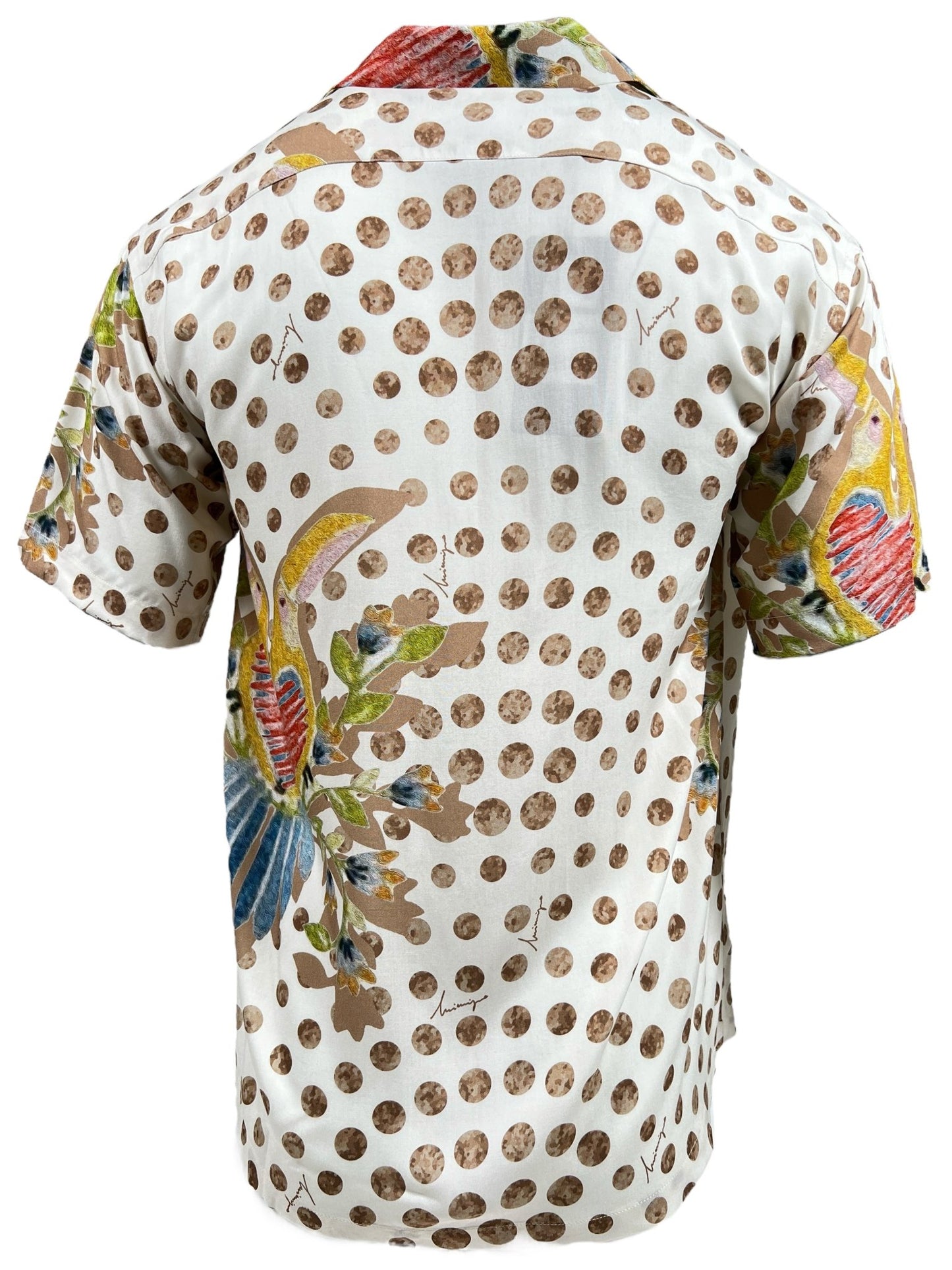 Back of an INIMIGO ISH3528 HEART BIRDS SHIRT RAW with a white background, brown polka dots, and colorful patterns including flowers and leaves.