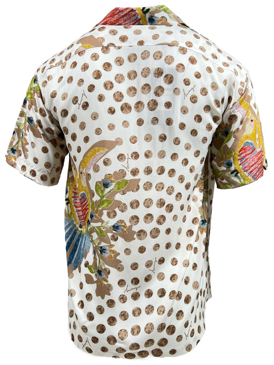 Back of an INIMIGO ISH3528 HEART BIRDS SHIRT RAW with a white background, brown polka dots, and colorful patterns including flowers and leaves.