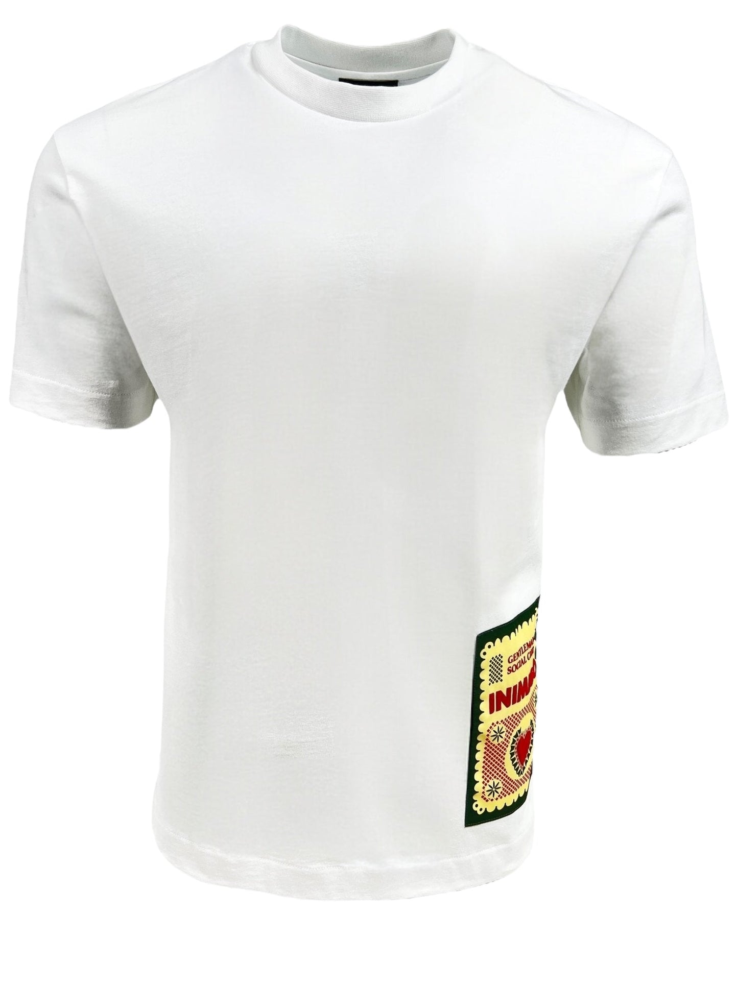 INIMIGO's Inimigo ITS3539 Mexican T-Shirt in white, showcasing a vibrant postage stamp design on the lower front right side.