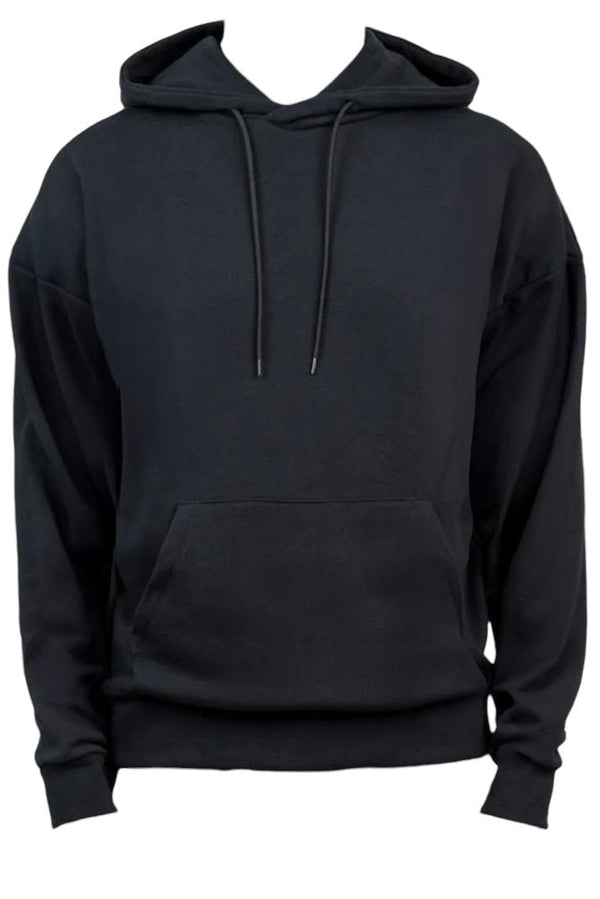 The "Inimigo Letter Oversized Hoodie Dk Black" by INIMIGO, designed with organic cotton, a front pocket, and a drawstring hood, is displayed against a white background.