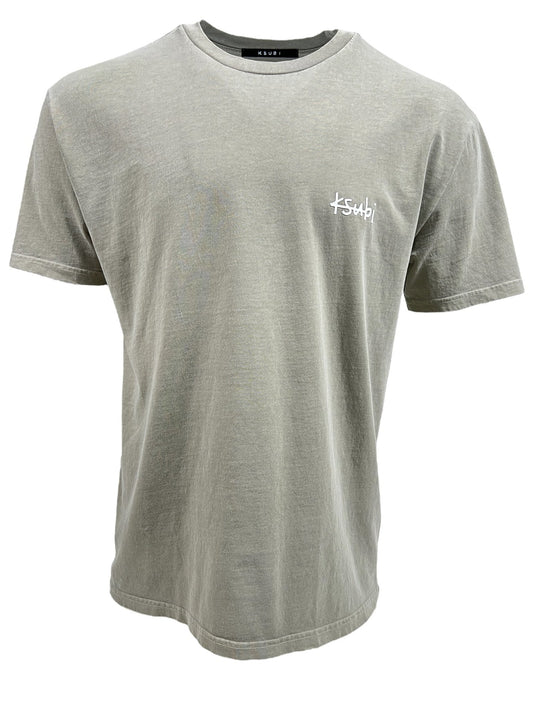 A plain, light gray premium cotton jersey t-shirt featuring short sleeves and a small "Ksubi" logo on the upper left chest, designed as part of the KSUBI ALL DAY BIGGIE TEE OUTBACK GRN collection.