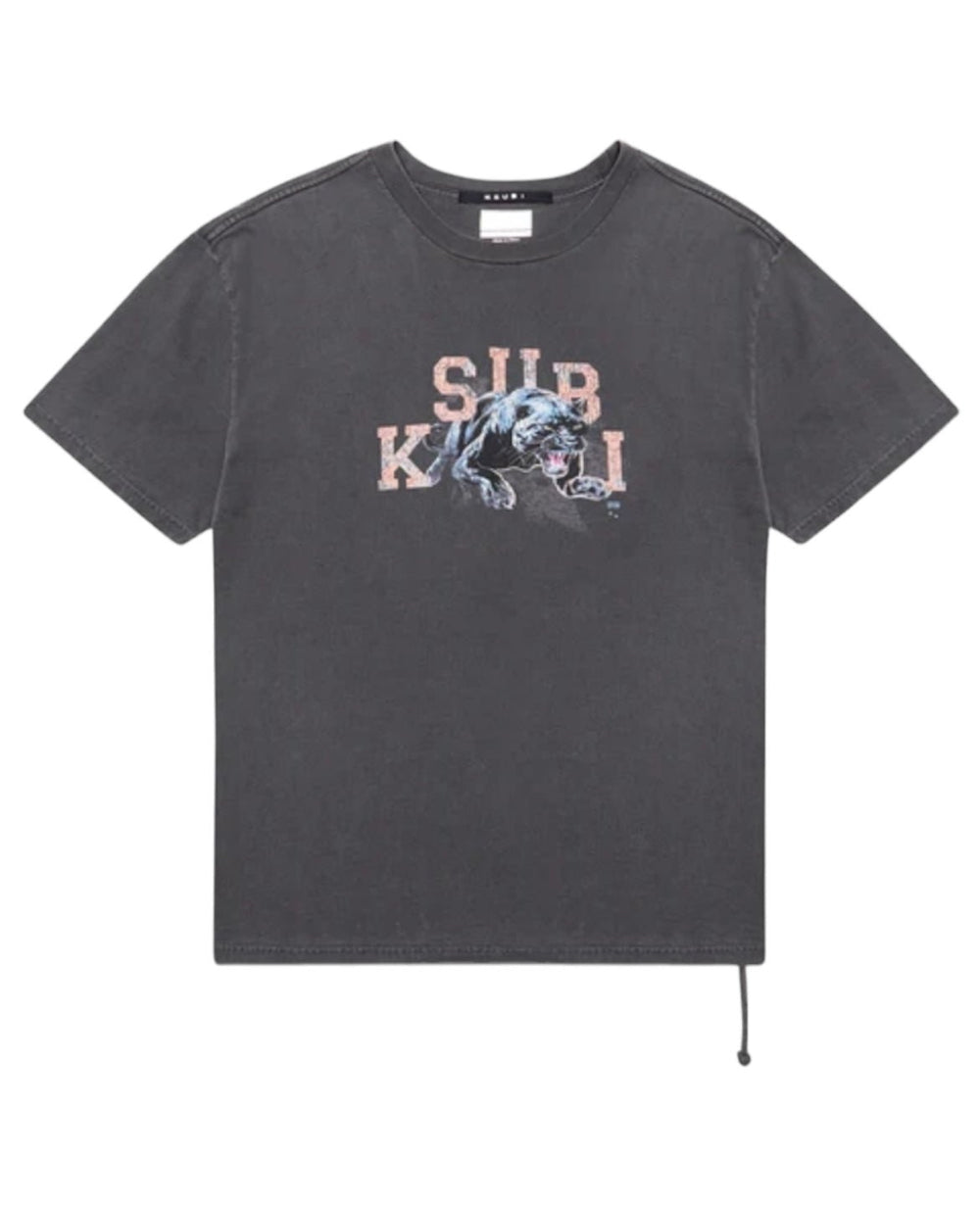 The Ksubi Apex Biggie Ss Tee in Faded Black by KSUBI is an oversized T-shirt adorned with a graphic of a crouching panther and the partially obscured text "SUB K I" on the front, making it perfect for effortlessly embracing street style.