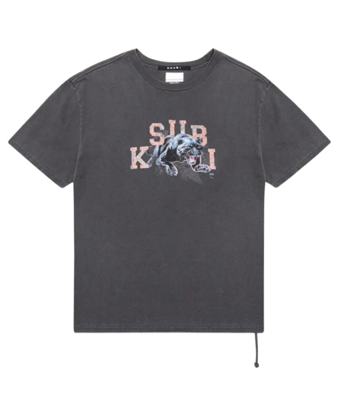 The KSUBI APEX BIGGIE SS TEE in faded black is a short-sleeve T-shirt adorned with a graphic of a fierce animal and the text "SUB KULT" in distressed white and red letters, ideal for street style enthusiasts.