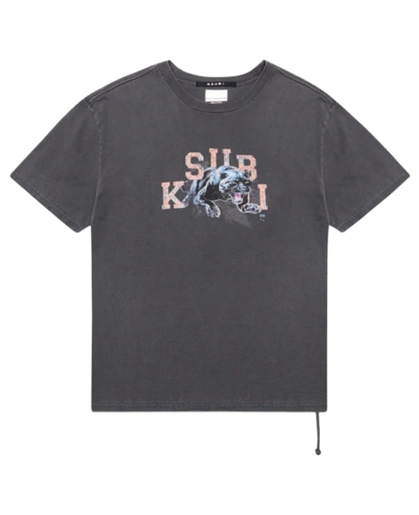 The Ksubi Apex Biggie Ss Tee in Faded Black by KSUBI is an oversized T-shirt adorned with a graphic of a crouching panther and the partially obscured text "SUB K I" on the front, making it perfect for effortlessly embracing street style.