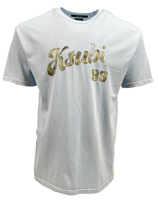 KSUBI CLUBHOUSE BIGGIE TEE SHALLOWS BLU made from premium cotton jersey with "Ksubi" and "99" in gold lettering on the front.