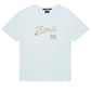Oversized white tee by KSUBI, called "Ksubi Clubhouse Biggie Tee Shallows Blu," features "Kusubi" and the number "96" in light brown textured script on the front. Made from premium cotton jersey.
