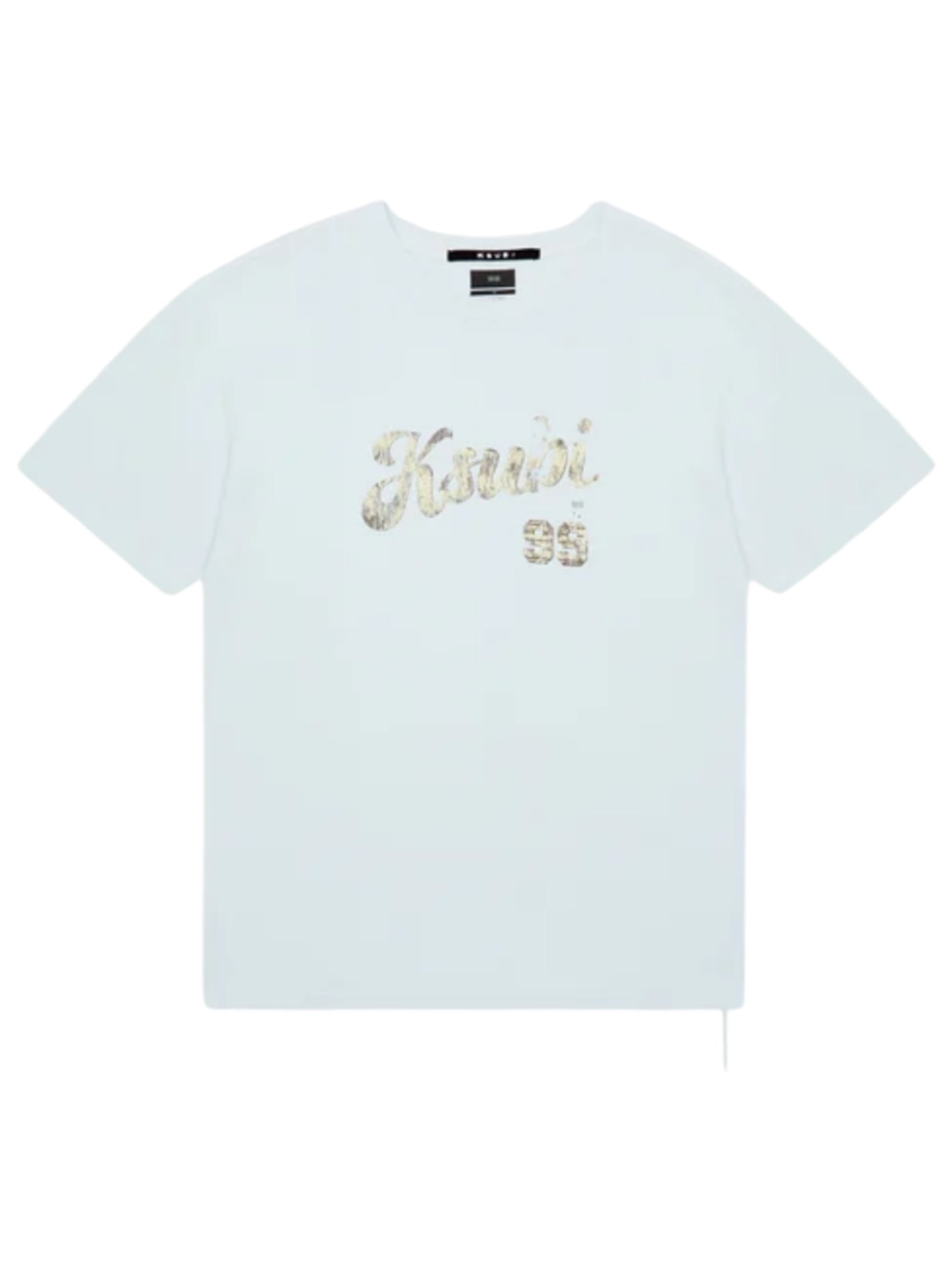 Oversized white tee by KSUBI, called "Ksubi Clubhouse Biggie Tee Shallows Blu," features "Kusubi" and the number "96" in light brown textured script on the front. Made from premium cotton jersey.