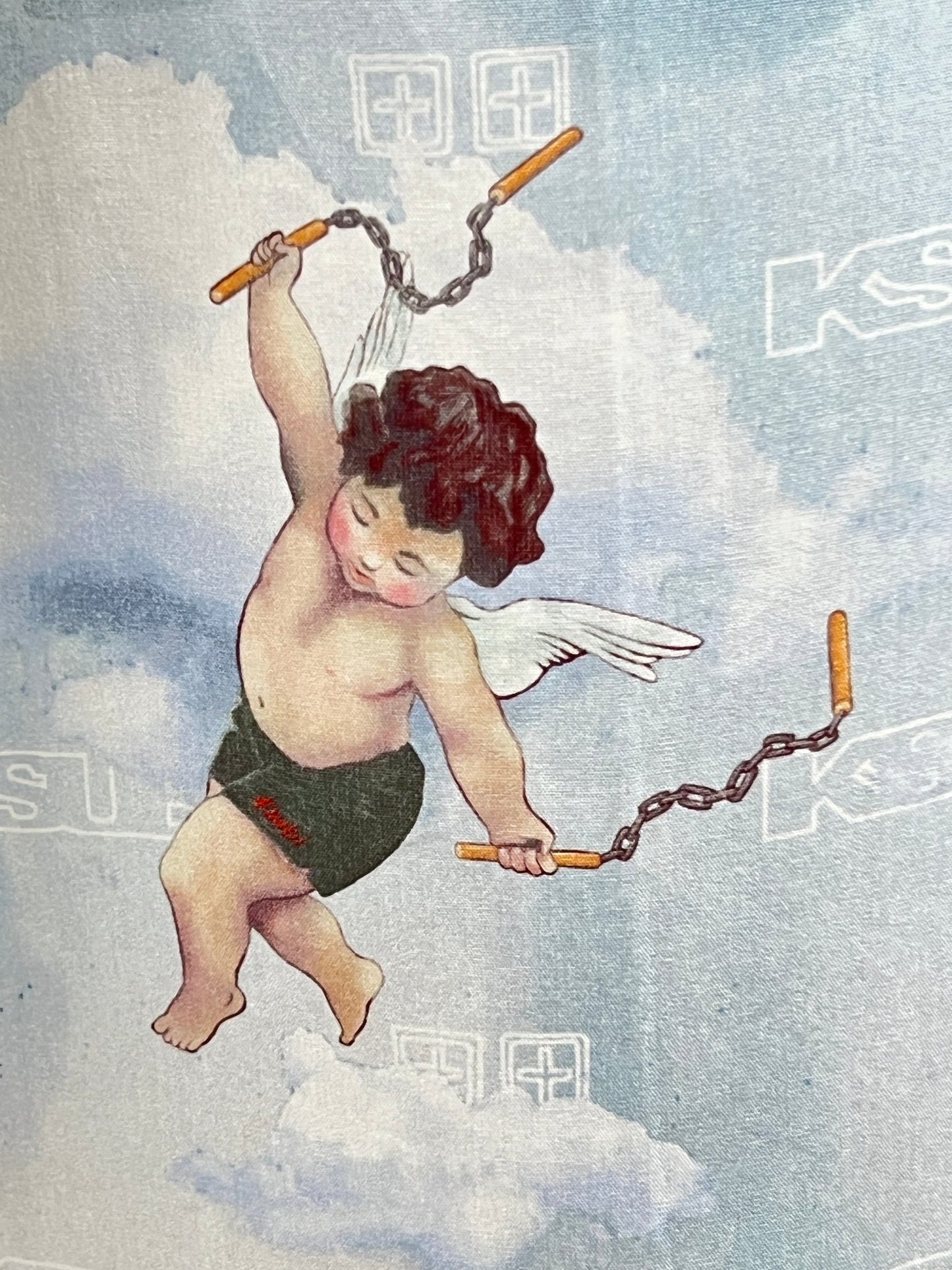 A cherub with wings is flying among the clouds, wearing a KSUBI Dreamers Resorts Shirt Multi while skillfully twirling nunchaku in its hands.