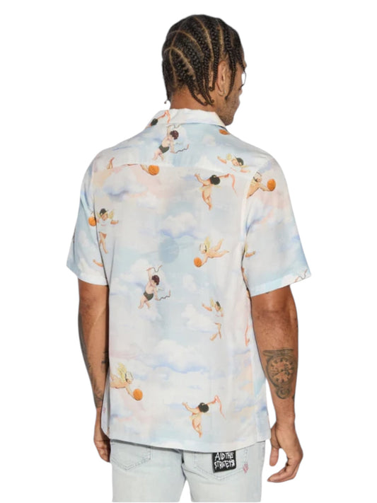 Sporting the Ksubi Dreamers Resort Shirt Multi, a person is shown from the back paired with light blue jeans. The lightweight Tencel fabric enhances the breezy aesthetic.