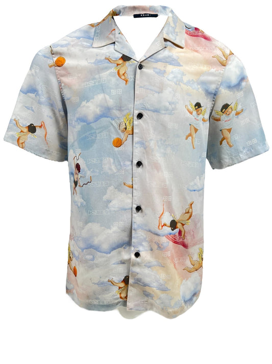 The Ksubi Dreamers Resorts Shirt Multi by KSUBI is a short-sleeve button-up made from soft Tencel fabric, featuring a sky and cloud print adorned with images of basketball players in dynamic poses.