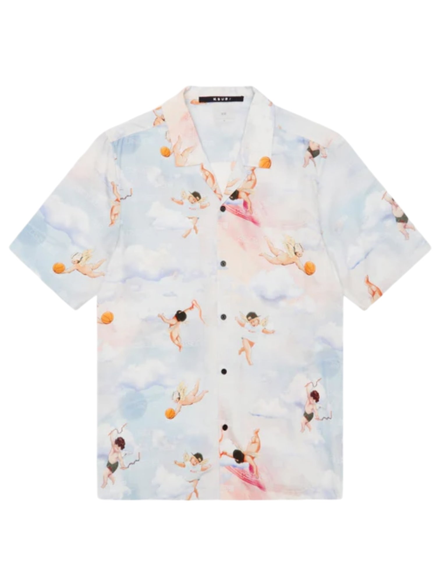 The Ksubi Dreamers Resorts Shirt by KSUBI is a lightweight tencel shirt featuring cherubs and clouds in a charming angel print on a serene light blue background.