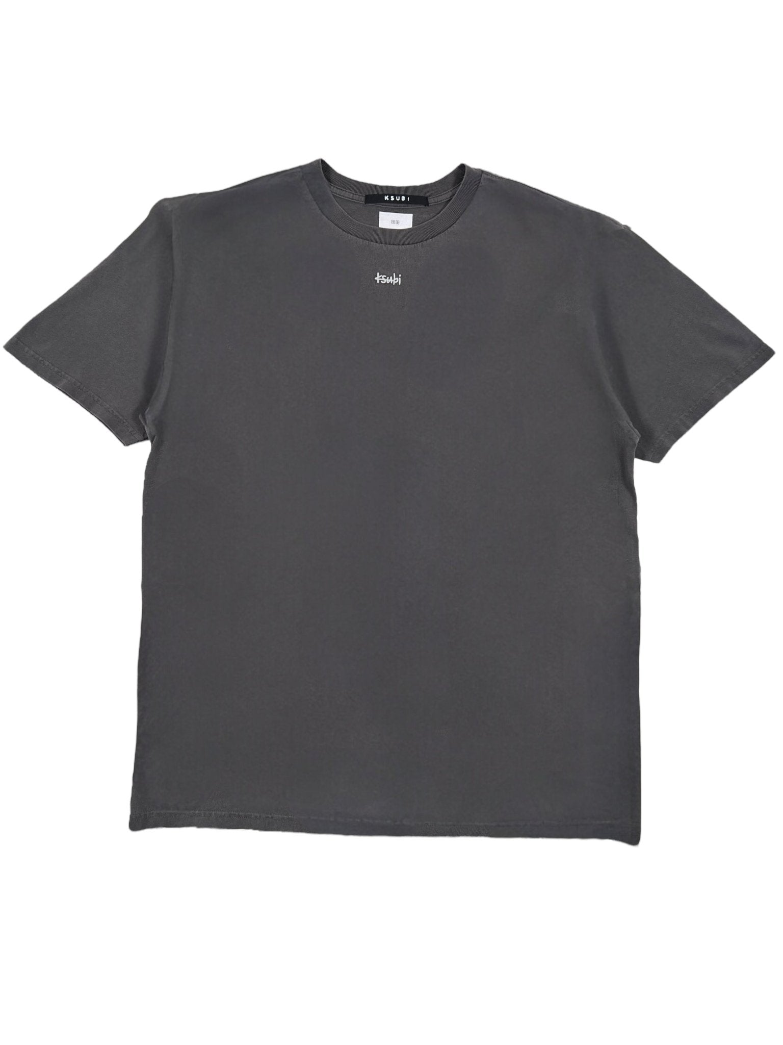 The Ksubi Eagle Biggie SS Tee by KSUBI is a 100% cotton, plain faded black shirt with a small white logo elegantly centered on the chest.