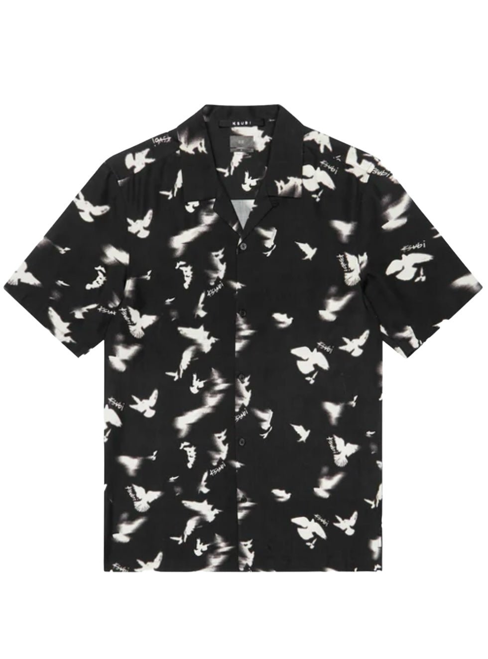 KSUBI FLIGHT RESORT SS SHIRT BLACK, a short-sleeve button-up featuring a white dove print pattern and Ksubi branding, crafted from soft Tencel fabric.