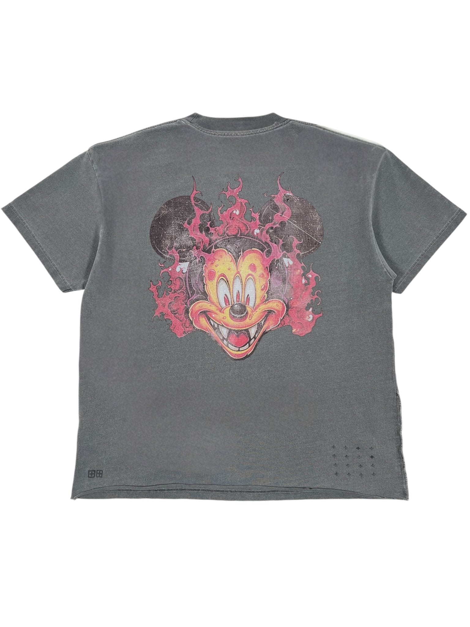 Faded black Ksubi Fuego Ekcess SS Tee by KSUBI, featuring a graphic of a character's face with fiery accents on the back.