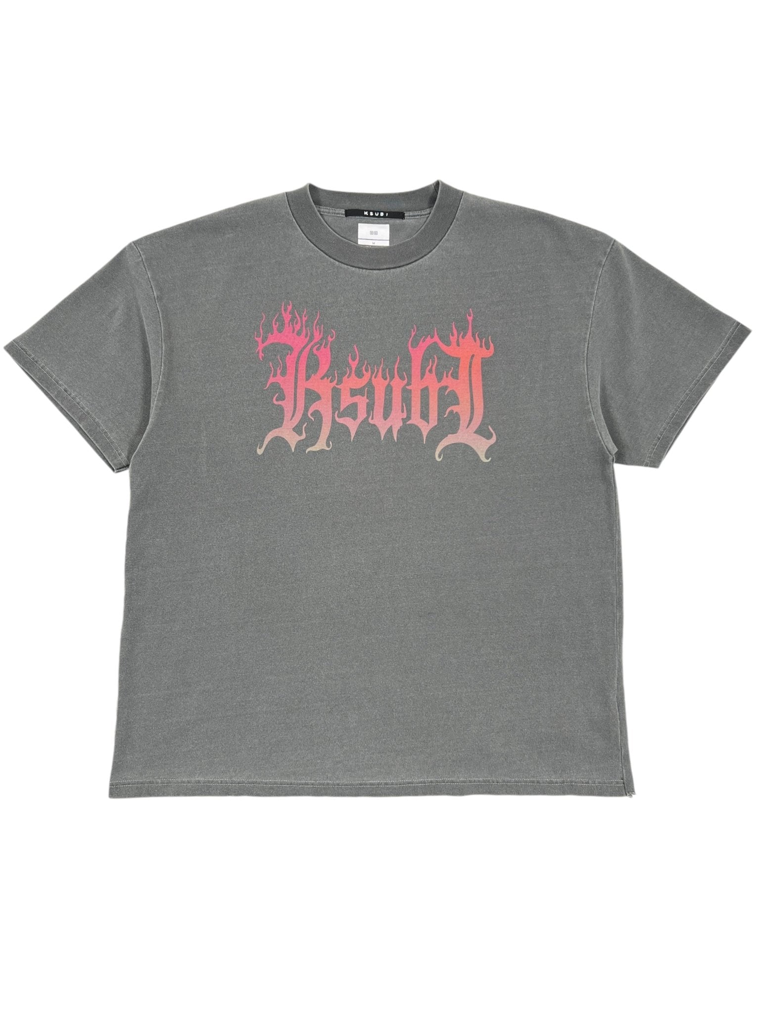 The Ksubi Fuego Ekcess SS Tee in faded black showcases a vintage style with pink and red flames spelling "RSWL" on the front, embodying Ksubi's edgy aesthetic.