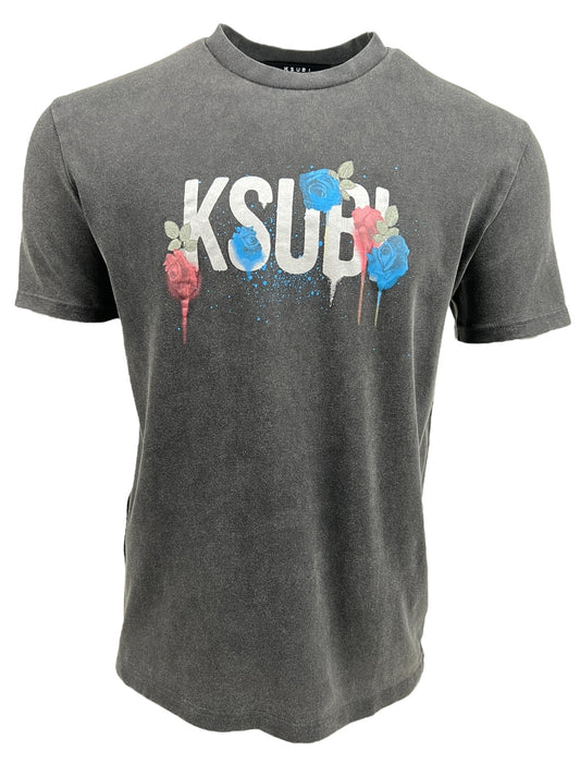 A Ksubi Graff Rose Kash Tee in Acid Grey featuring a pattern of intertwined blue and red roses, accented by white speckles.