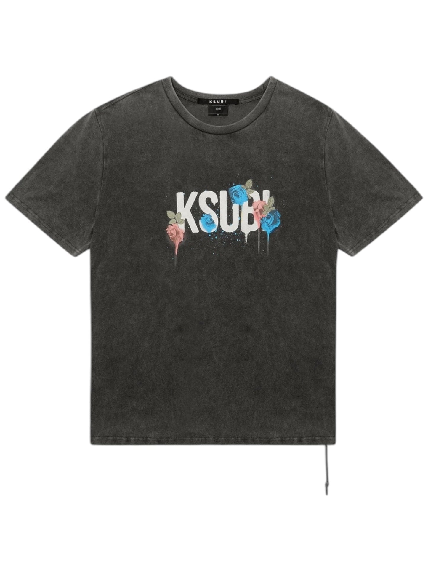 The Ksubi Graff Rose Kash Tee in Acid Grey by KSUBI boasts a vintage style, featuring vibrant roses and the iconic brand logo on the front.