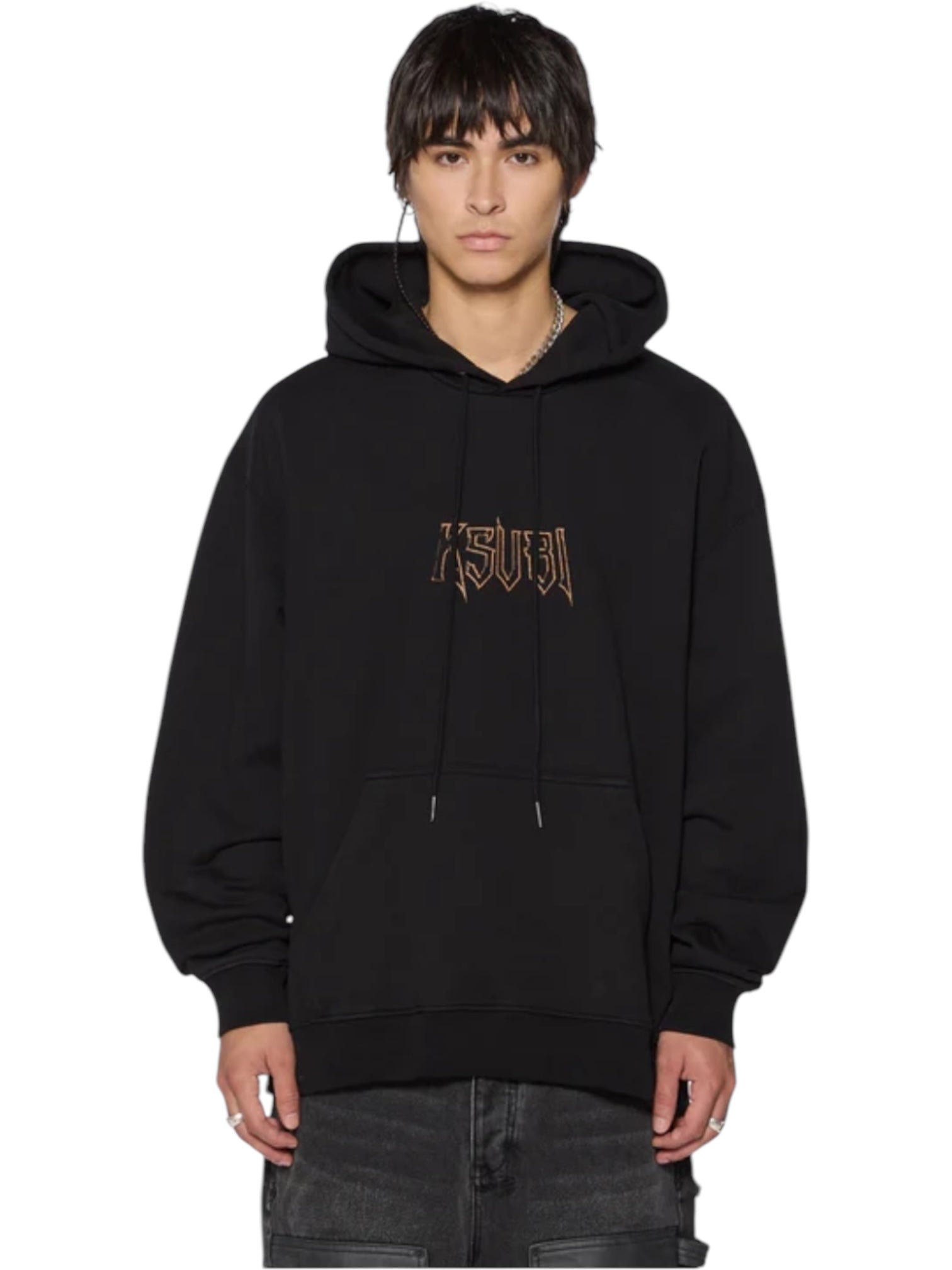 A person with straight dark hair wears the KSUBI Kingdom Biggie Hoodie in jet black, which has a small stylized chest logo, paired with dark pants and stands against a white background.