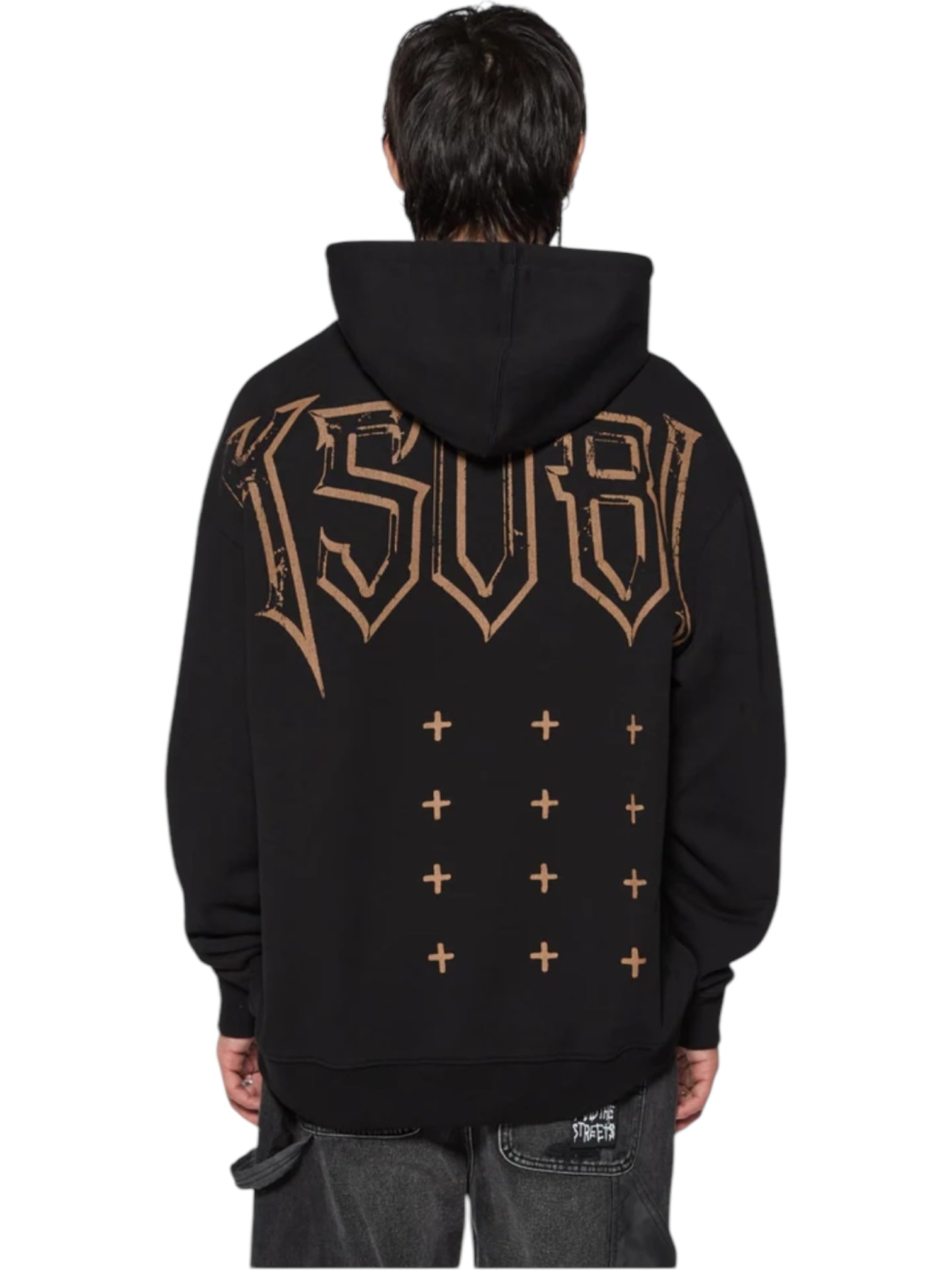 Someone wears the Ksubi Kingdom Biggie Hoodie in jet black by KSUBI, with bold "KSUBI" lettering and plus sign pattern on the back, standing against a white background.