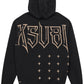 The Ksubi Kingdom Biggie Hoodie Jet Black by KSUBI features bold "KSUBI" lettering and multiple beige cross symbols on the back, all in an oversized fit.