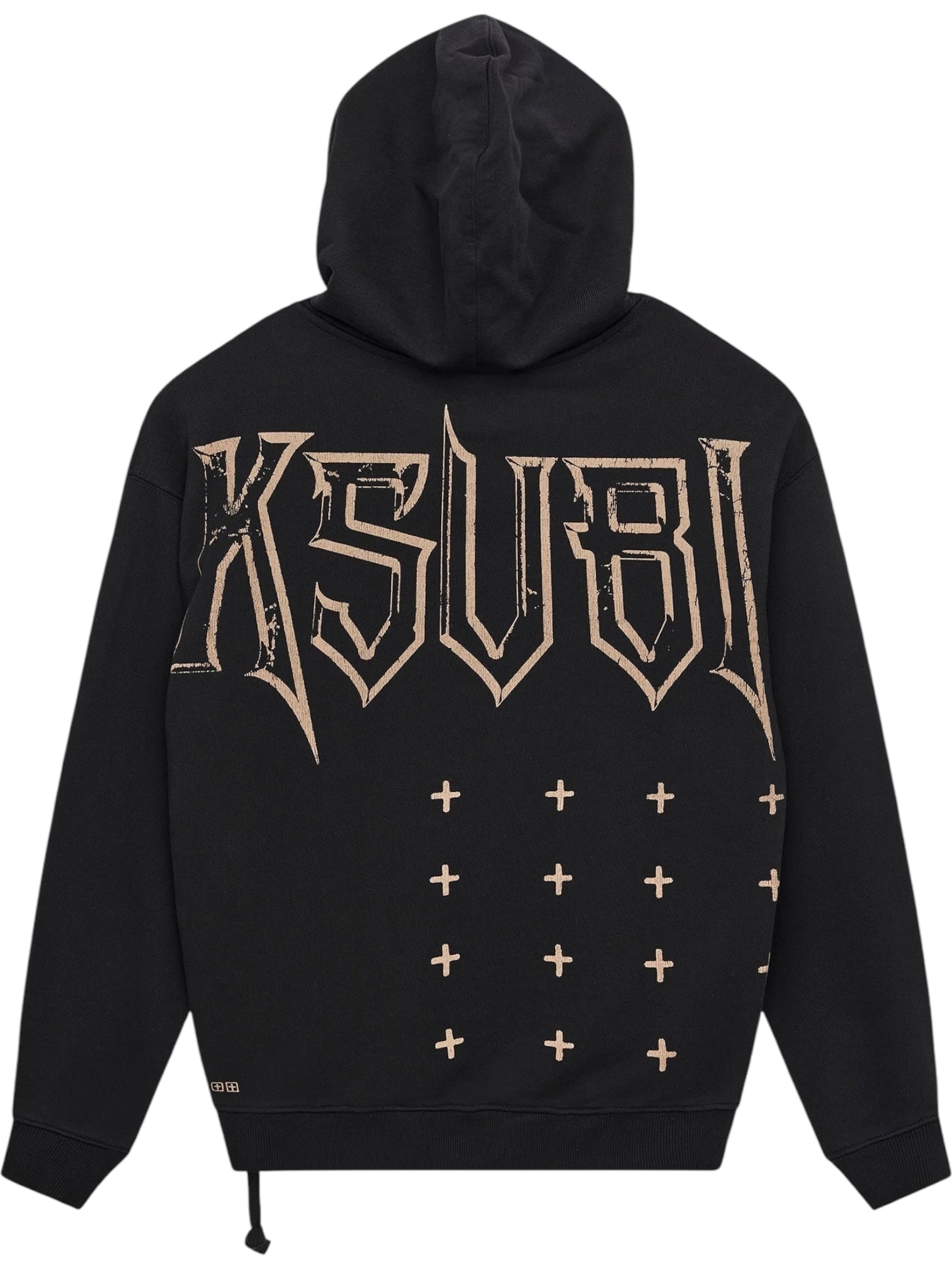 The Ksubi Kingdom Biggie Hoodie Jet Black by KSUBI features bold "KSUBI" lettering and multiple beige cross symbols on the back, all in an oversized fit.