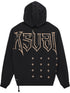The Ksubi Kingdom Biggie Hoodie Jet Black by KSUBI features bold "KSUBI" lettering and multiple beige cross symbols on the back, all in an oversized fit.