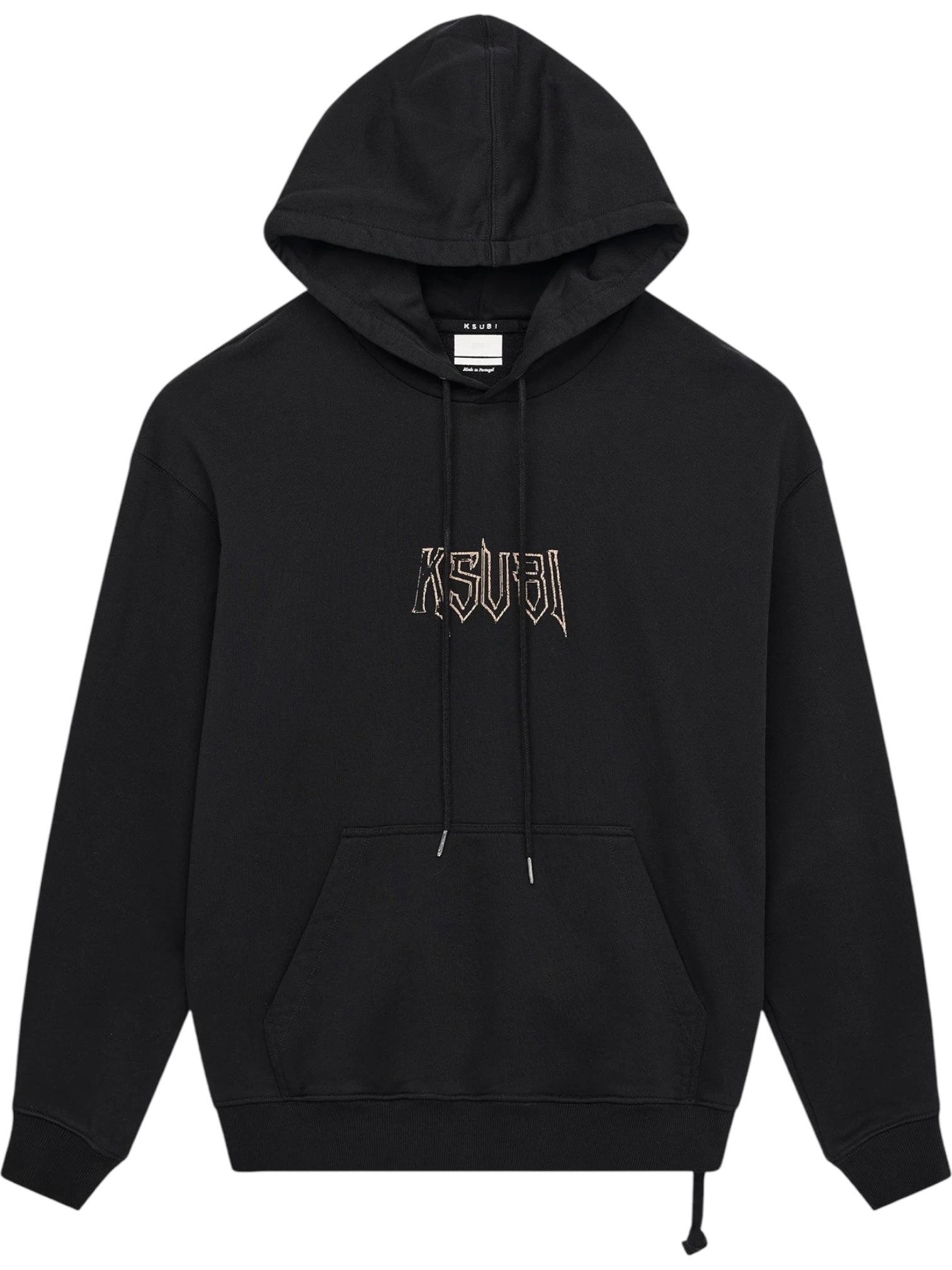 The Ksubi Kingdom Biggie Hoodie Jet Black by KSUBI features an oversized fit, front kangaroo pocket, drawstring hood, and stylized "KSUBI" embroidery on the chest.
