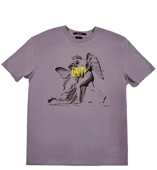 The KSUBI Lovesik Biggie Ss Tee in Silt Grey features a unique artistic design of two figures embracing, highlighted by the bold yellow word "UNITY." This oversized T-shirt combines creative expression with comfort in a custom silt colorway.