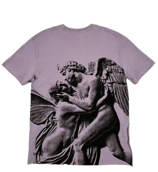 The Ksubi Lovesik Biggie Ss Tee in silt grey by KSUBI is an oversized t-shirt showcasing unique artwork of two winged figures, with one gently embracing the other.