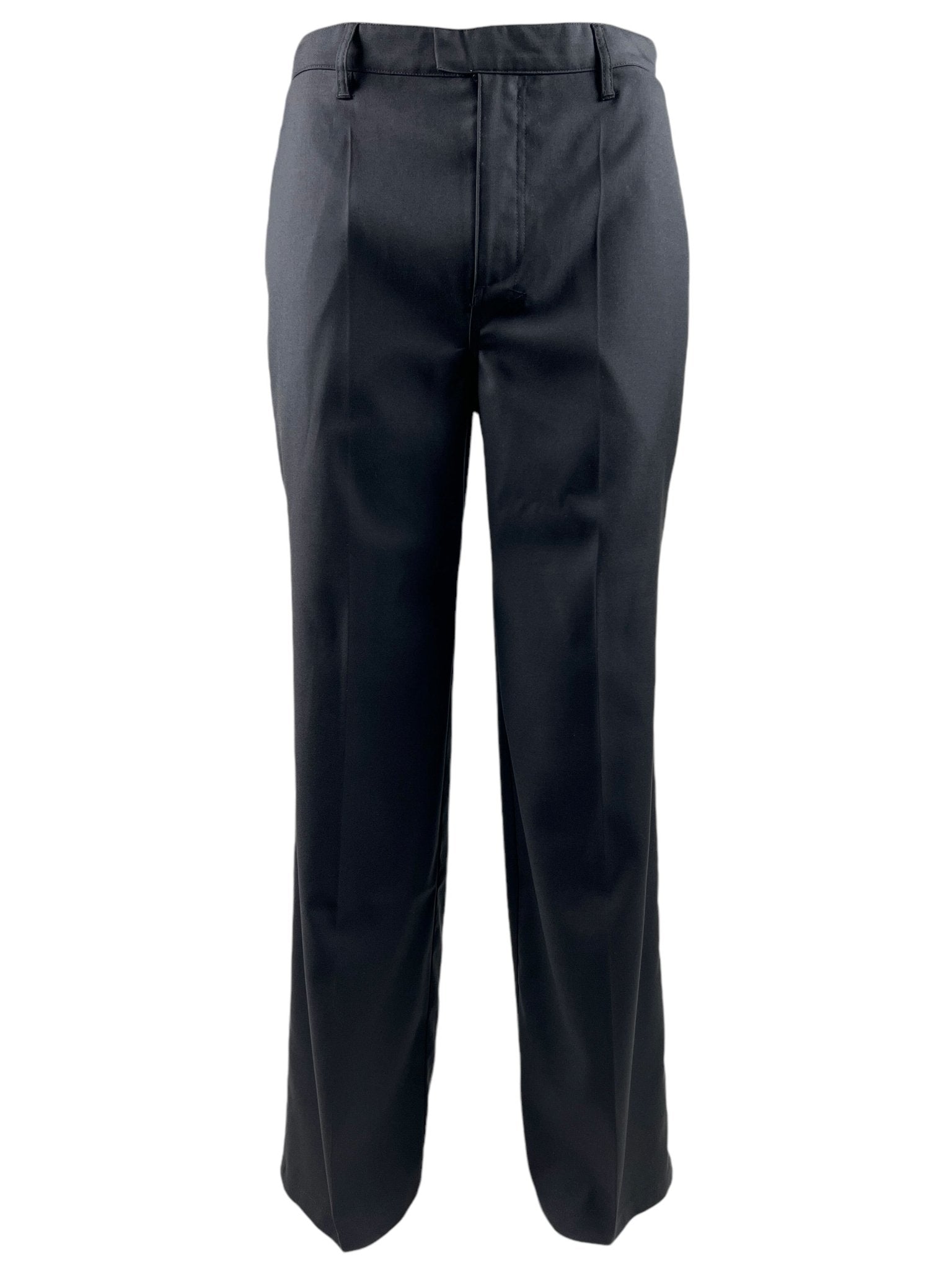 The Ksubi Melrose Suit Pant Black features a front view showcasing a zipper fly, belt loops, and straight legs. Made from a polyester viscose elastane blend, these pants by KSUBI ensure comfort and style.