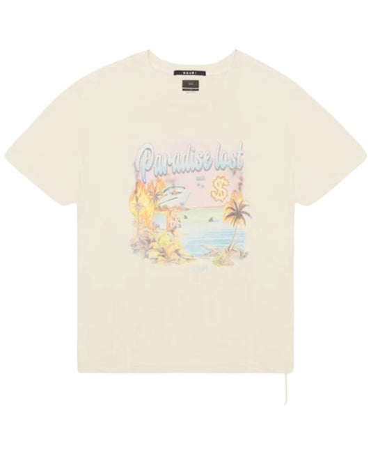 The KSUBI PARADISE BIGGIE TEE DUSTY DESERT TAN is a tan color T-shirt made from premium cotton jersey. It features a pastel-colored paradise scene with palm trees and a beach, along with the words "Paradise Lost" printed on the front; it's part of the KSUBI PARADISE BIGGIE TEE collection.