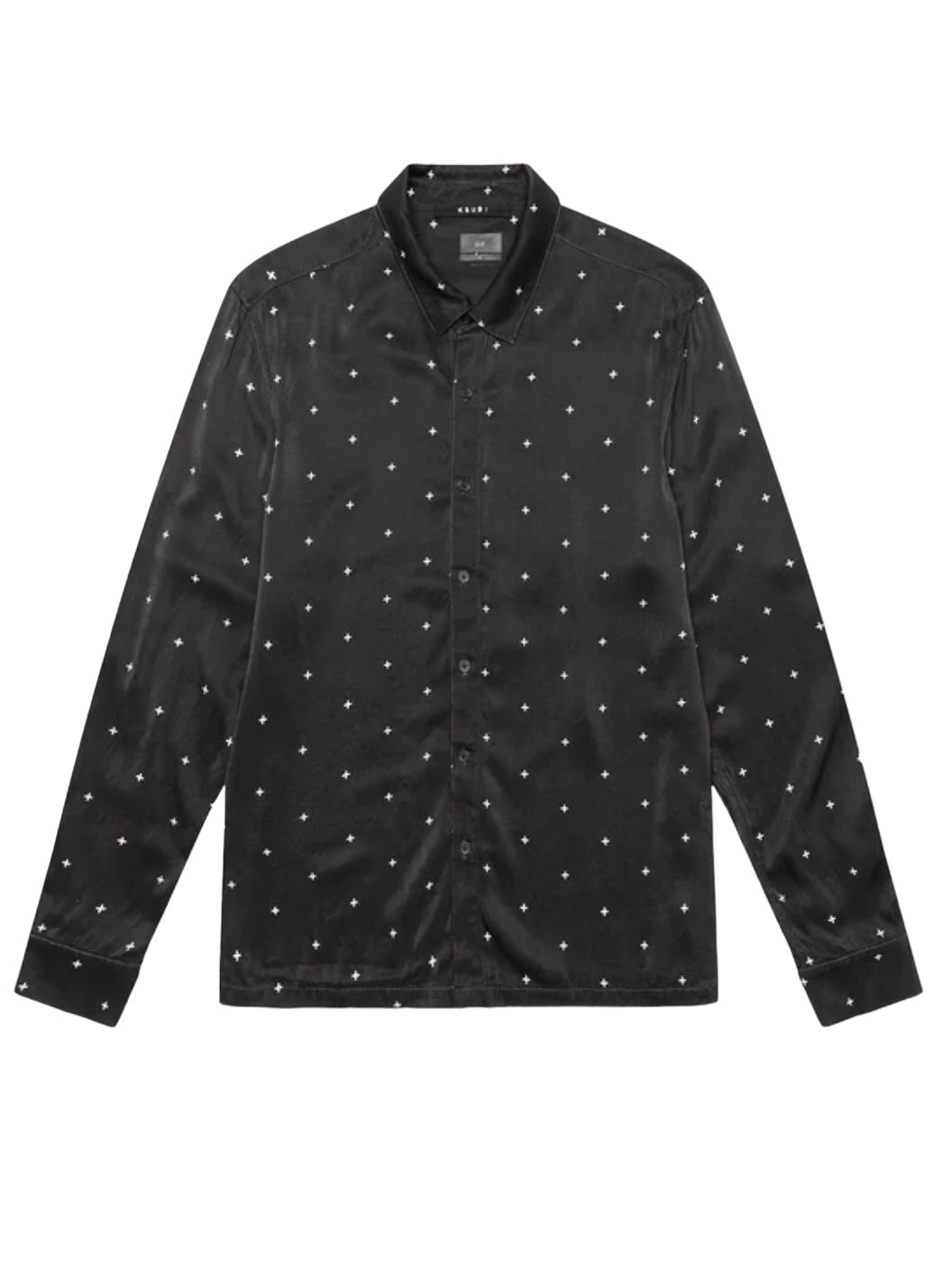The Ksubi Polka Plus Ls Shirt Black by KSUBI is a sleek black long sleeve button-down with small white star patterns, crafted from high-quality polyester for a stylish, comfortable fit.