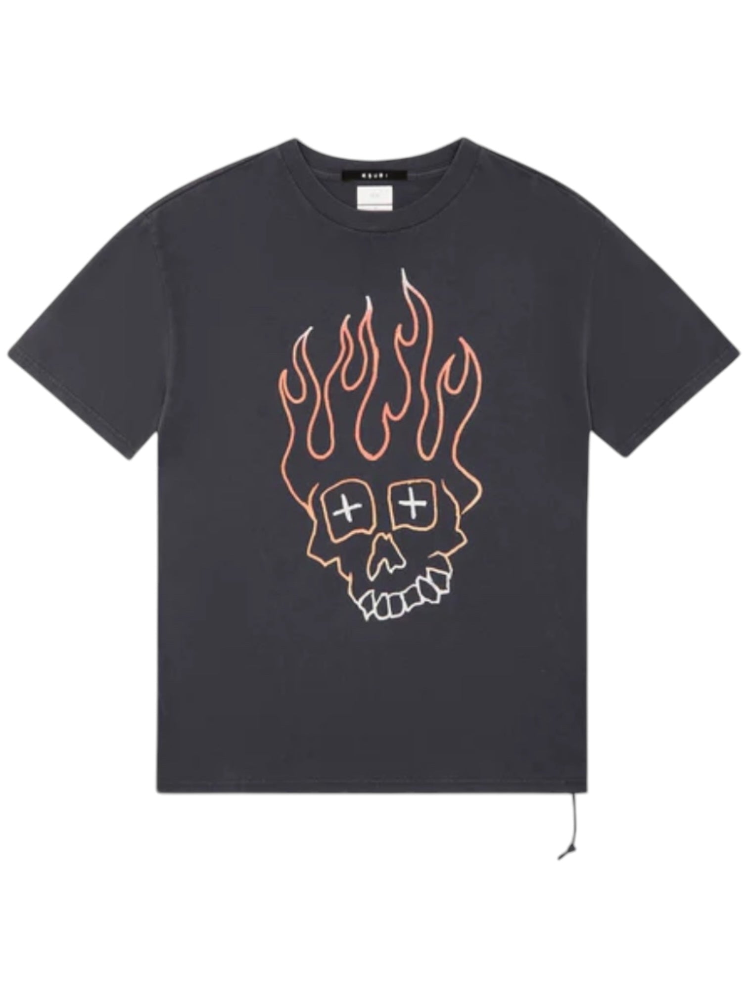 The Ksubi Skull Biggie Ss Tee in faded black by KSUBI showcases a striking skull and flames graphic on the front. Made from premium cotton, it offers ultimate comfort in an oversized fit.