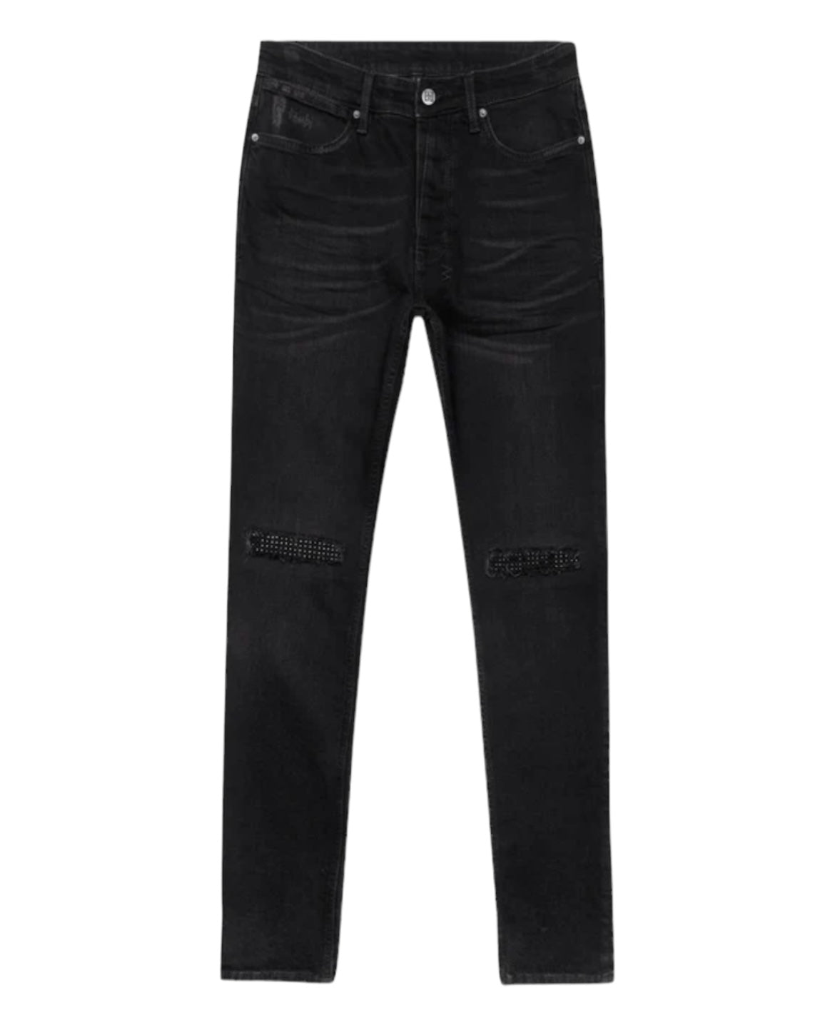 A pair of KSUBI VAN WINKLE APEX KRYSTAL REPAIR BLACK jeans by KSUBI, with a distressed design on the knees, five-pocket styling, and button closure.