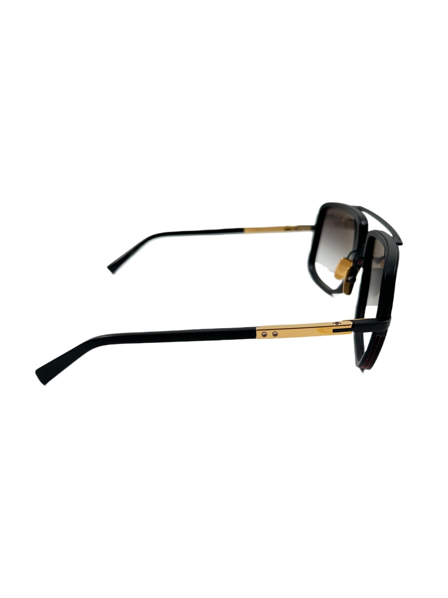 Luxury eyewear: Black DITA MACH-ONE DRX-2030-G-BLK-18K-59 sunglasses with gold detailing on the arms, isolated on a white background.