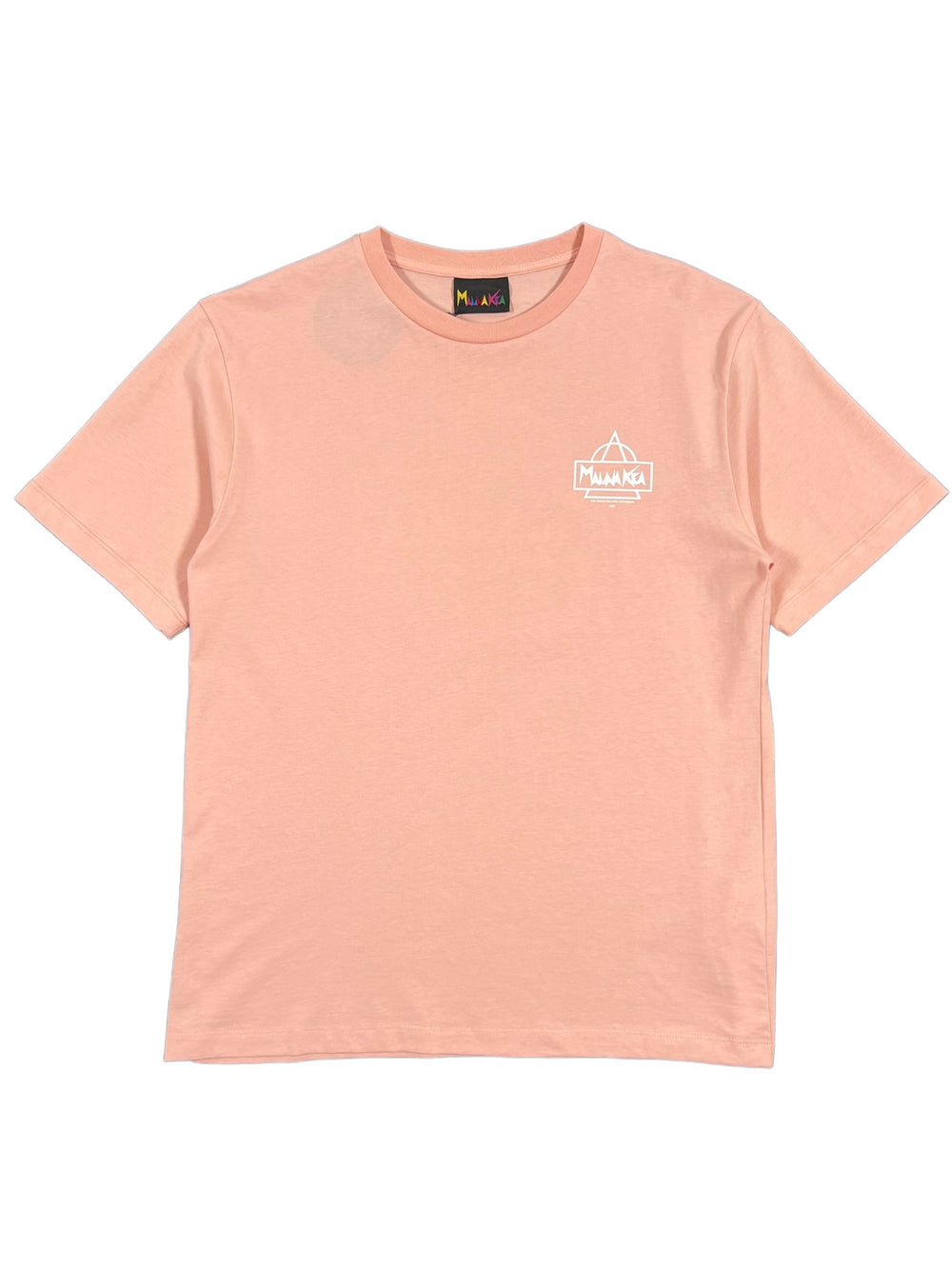 A light pink, 100% cotton short-sleeve t-shirt with a small white Maunakea graphic logo on the left chest *is actually the* MAUNA-KEA MAUNA-KEA MKE100-04 HERITAGE TEE W SCREEN PRINT PINK.