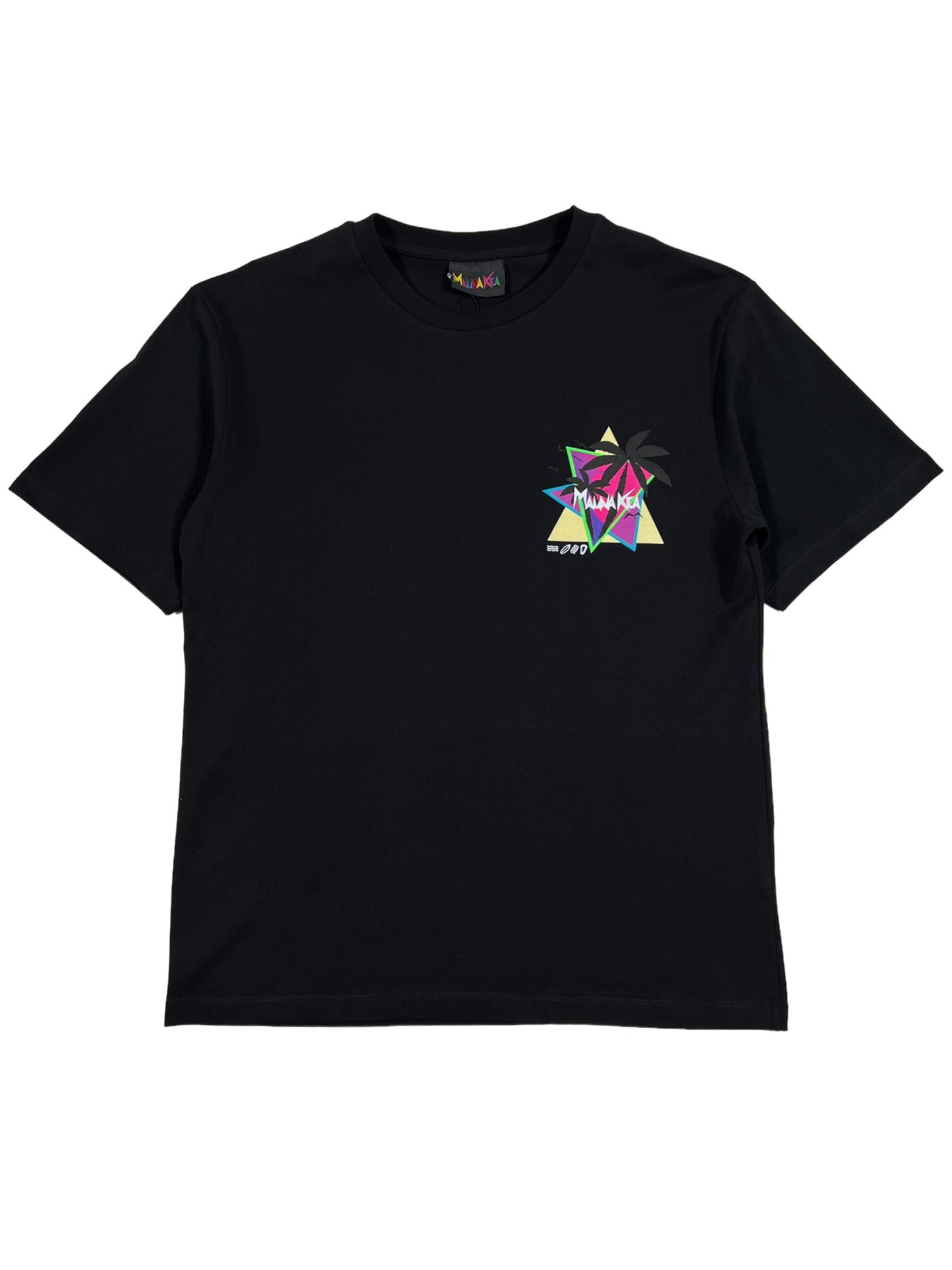 MAUNA-KEA MKU100-P999 SUNSET PALMS TEE BLK with a colorful geometric logo design featuring the text "NWAUKA" on the front left side, made from 100% cotton and proudly crafted in Italy.