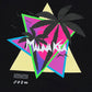 The Mauna-Kea Mku100-P999 Sunset Palms Tee Blk by MAUNA-KEA showcases an eye-catching design with layered geometric shapes in pink, yellow, and teal, featuring stylized palm trees and the word "Manaka" boldly displayed.