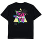 The MAUNA-KEA Mauna-Kea Mku100-P999 Sunset Palms Tee Blk boasts a colorful geometric design and palm tree graphics on the back, made from 100% cotton for unparalleled comfort.