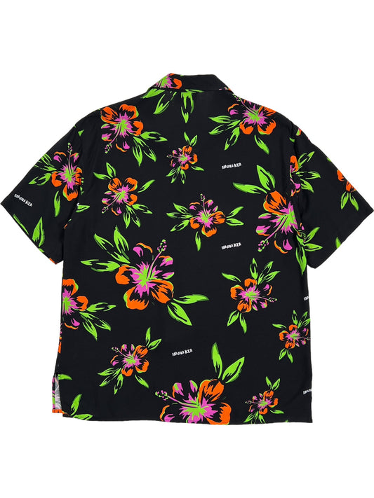 A MAUNA-KEA MKU142-FL FLORAL SHIRT BLK with a graphic roses print in orange, pink, and green.