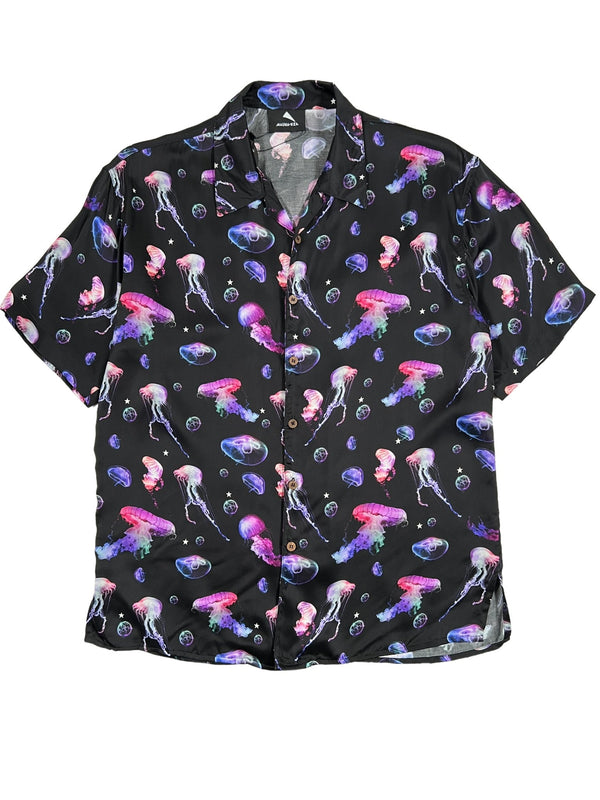 Short-sleeved Mauna-Kea Mku142-Jlf Allover Print Shirt in black featuring a vibrant graphic print of colorful jellyfish and bubbles, reminiscent of a tropical shirt, made in Italy by MAUNA-KEA.