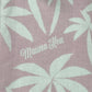 This short sleeve shirt, named the Mauna-Kea Mku142-Pm3 Allover Print Shirt Pink by MAUNA-KEA, is adorned with textured fabric showcasing a white palm leaf pattern and elegantly features the words "Mauna Kea" printed in the center.