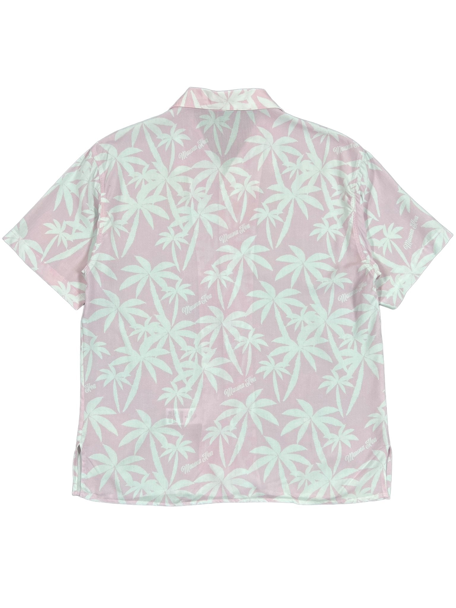 The Mauna-Kea Mku142-Pm3 Allover Print Shirt by MAUNA-KEA showcases graphic palm trees in light pink and green set against a pastel background, evoking the tranquil vistas of Mauna Kea.