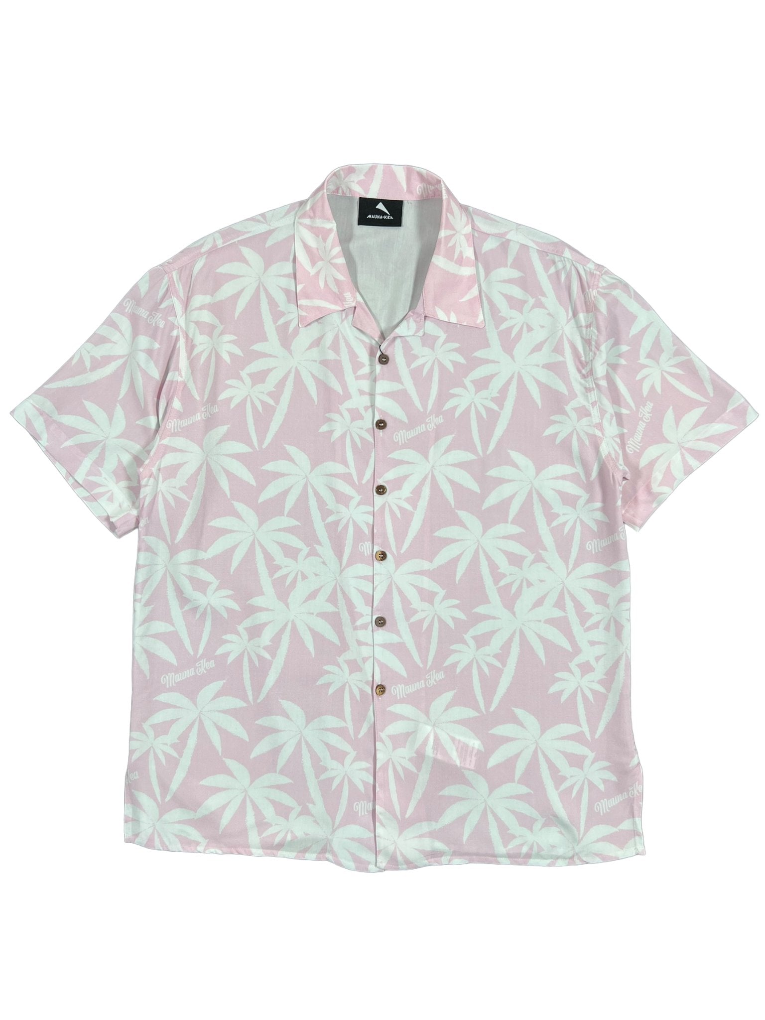 The Mauna-Kea Mku142-Pm3 Allover Print Shirt Pink by MAUNA-KEA offers a short-sleeve design with a light pink background adorned with white palm leaf patterns. It's an ideal choice for anyone looking to combine style and comfort in a single fashionable piece, reminiscent of the breezy Mauna Kea landscapes.