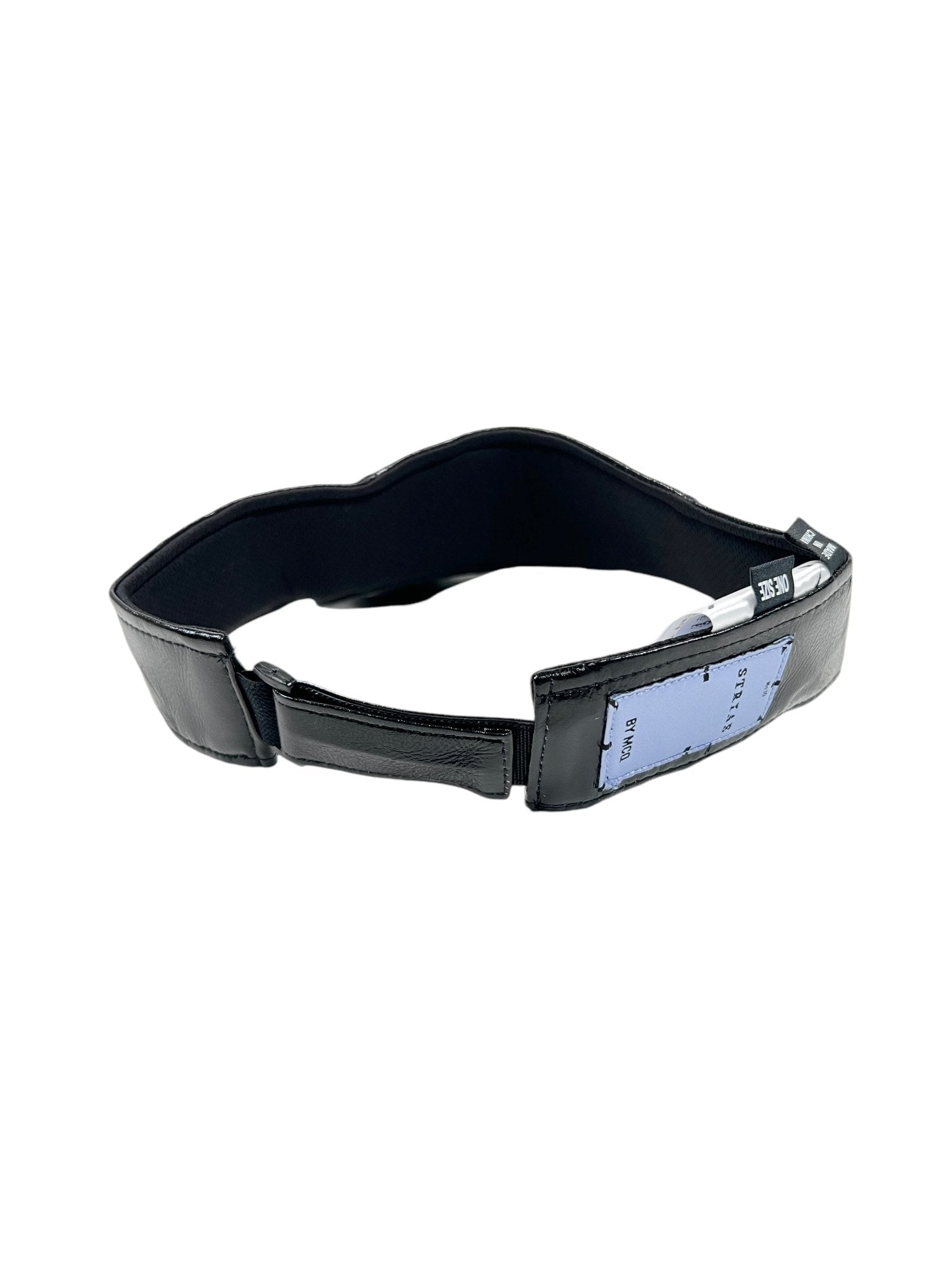 The McQ By McQueen Handsy Visor Black features a black belt with a rectangular white buckle, set horizontally on a white background, enhancing its sleek design.