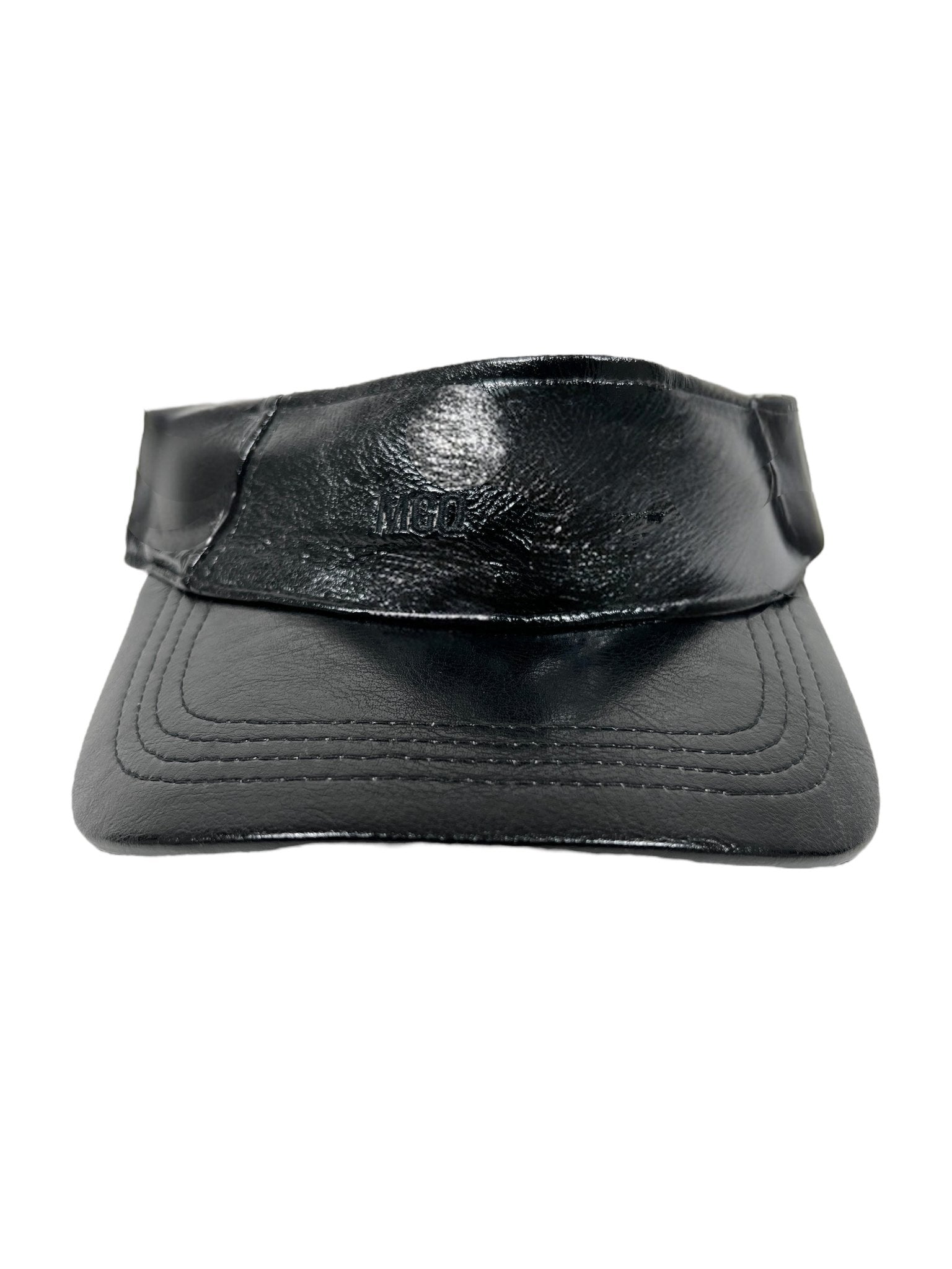 The Mcq By Mcqueen 692287Rgc96 Handsy Visor Black by MCQ BY MCQUEEN is a black leather cap with "VIGOR" embossed on the front, featuring a shiny finish and stitched detailing.