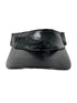 The Mcq By Mcqueen 692287Rgc96 Handsy Visor Black by MCQ BY MCQUEEN is a black leather cap with "VIGOR" embossed on the front, featuring a shiny finish and stitched detailing.