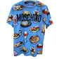 The Moschino 0718-Cotton Jersey Fantasy Print Light Blue T-shirt by MOSCHINO, made in Italy, features a vibrant print of colorful food illustrations—desserts and meals—displayed on a hanger.