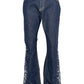 BIRTH OF ROYAL CHILD Only The Blind BC25SSPT22 Raw Pearl Flared Jeans Blue feature dark blue raw denim with decorative white embroidery and patterns on the lower legs for a stylish, standout look.